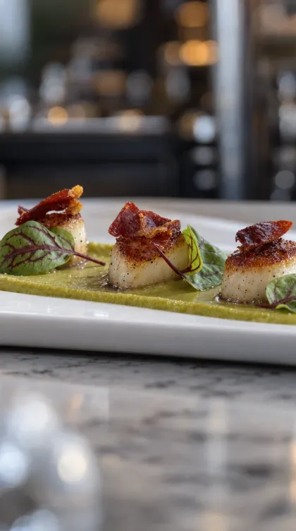 Studio shot: scallops side-on, the bar behind