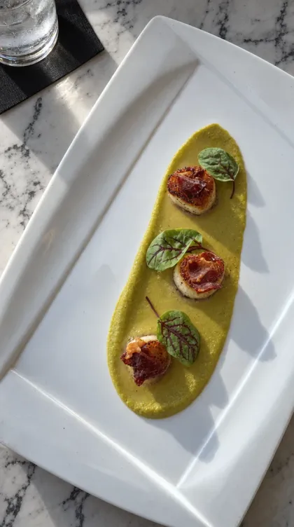 Studio shot: scallops from above on marble