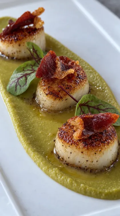 Studio shot: close up of the seared scallops