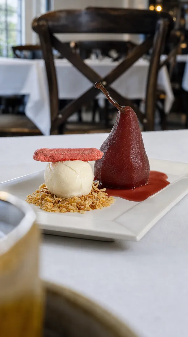 Poached pear, studio output, with the wine